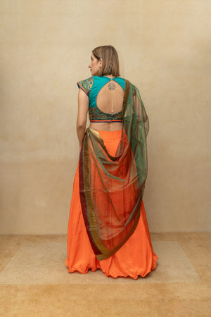 Rama and orange silk simple lehenga set