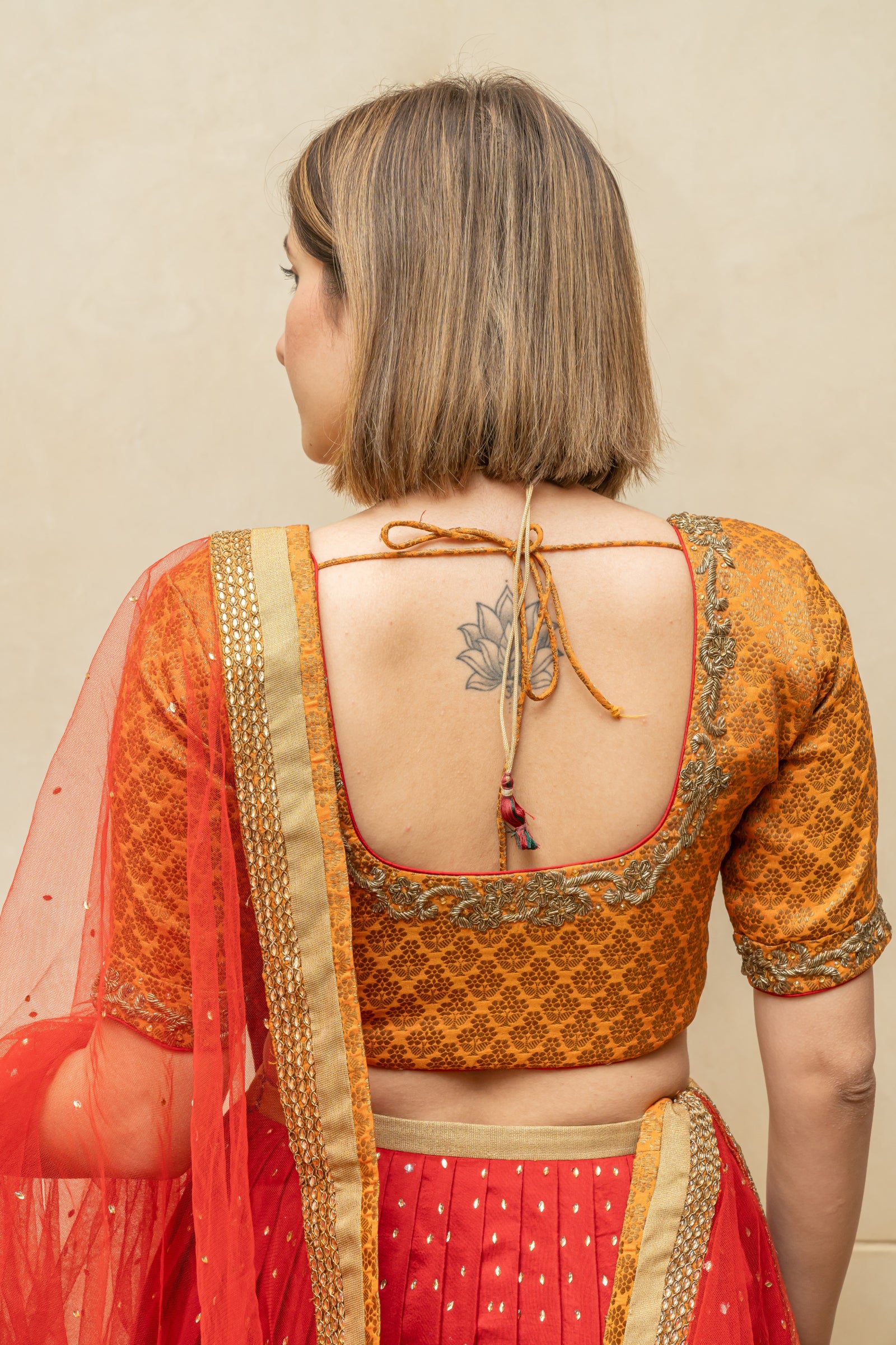Orange and red silk lehenga set