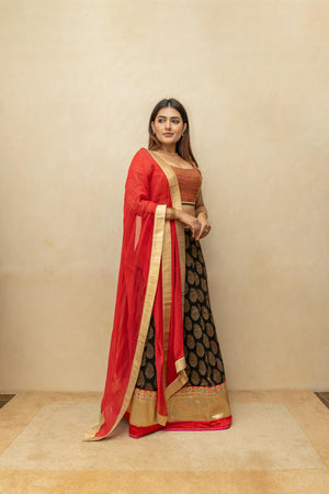 Black and red Banarasi georgette lehenga set