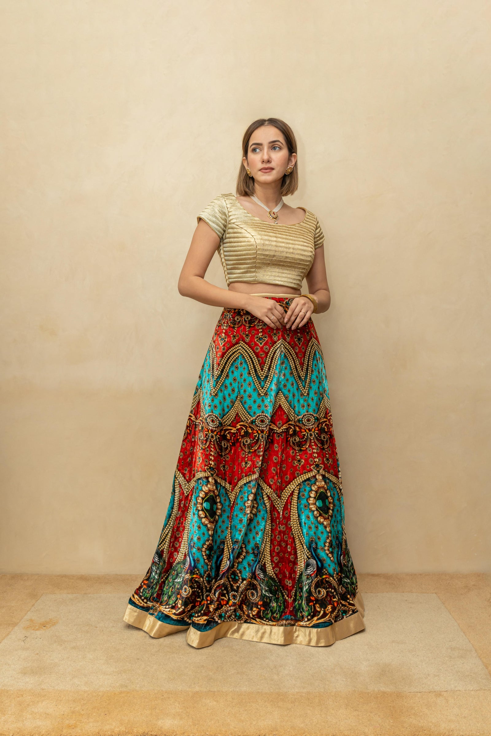 Gold and multicoloured digital print velvet lehenga set