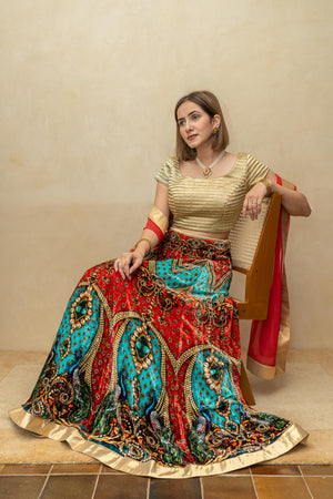Gold and multicoloured digital print velvet lehenga set