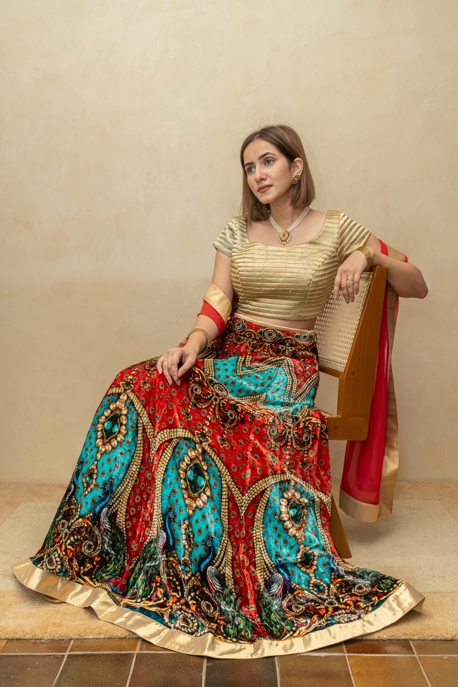 Gold and multicoloured digital print velvet lehenga set