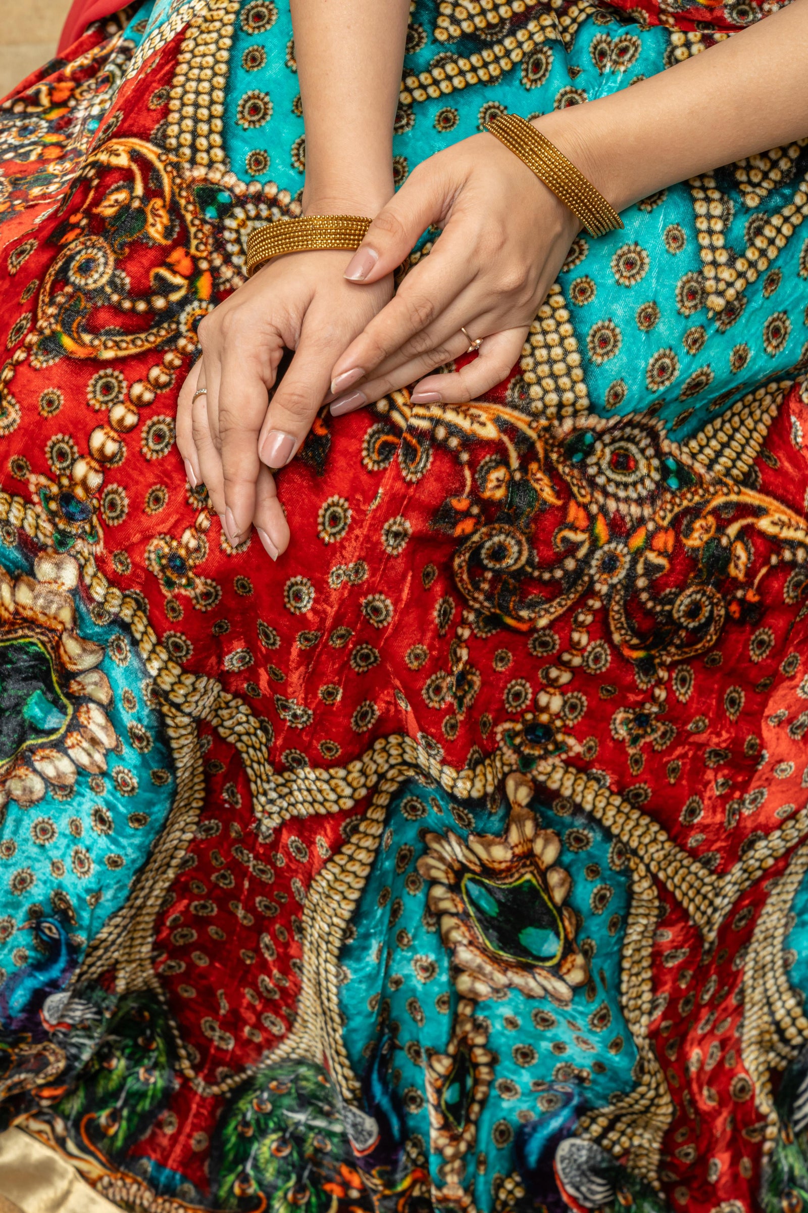Gold and multicoloured digital print velvet lehenga set
