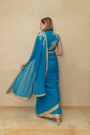Peacock blue pre draped georgette saree and blouse set