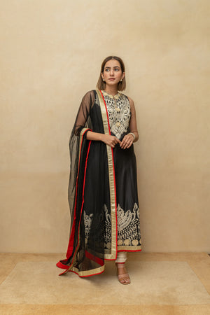 Black pakistani long chanderi silk suit set