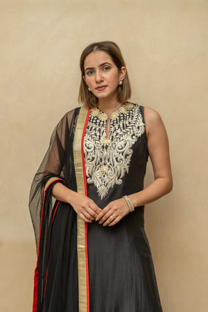 Black pakistani long chanderi silk suit set