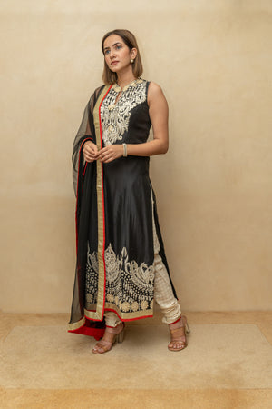 Black pakistani long chanderi silk suit set