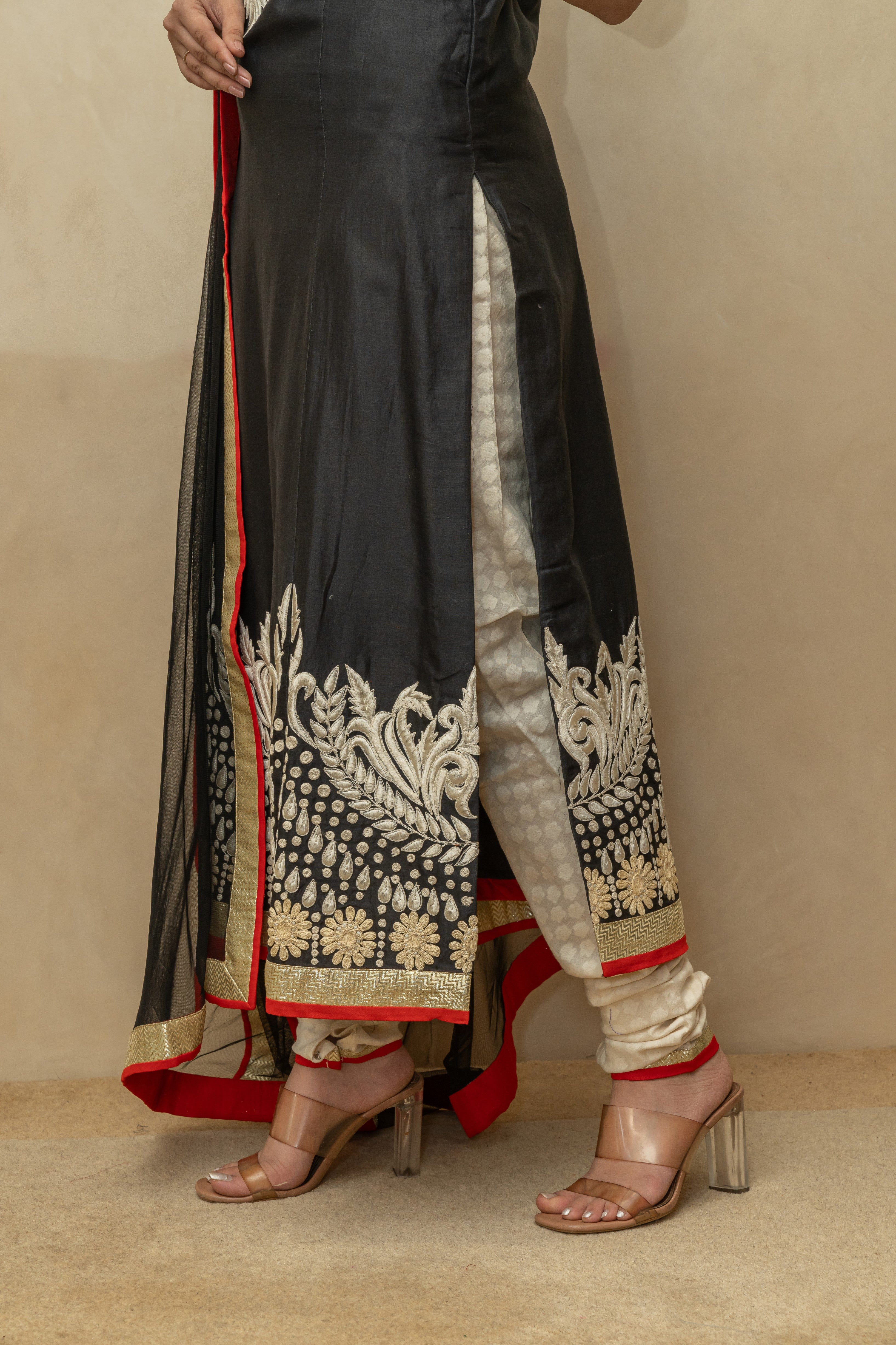 Black pakistani long chanderi silk suit set