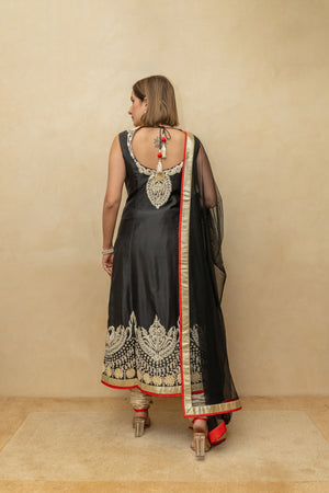 Black pakistani long chanderi silk suit set