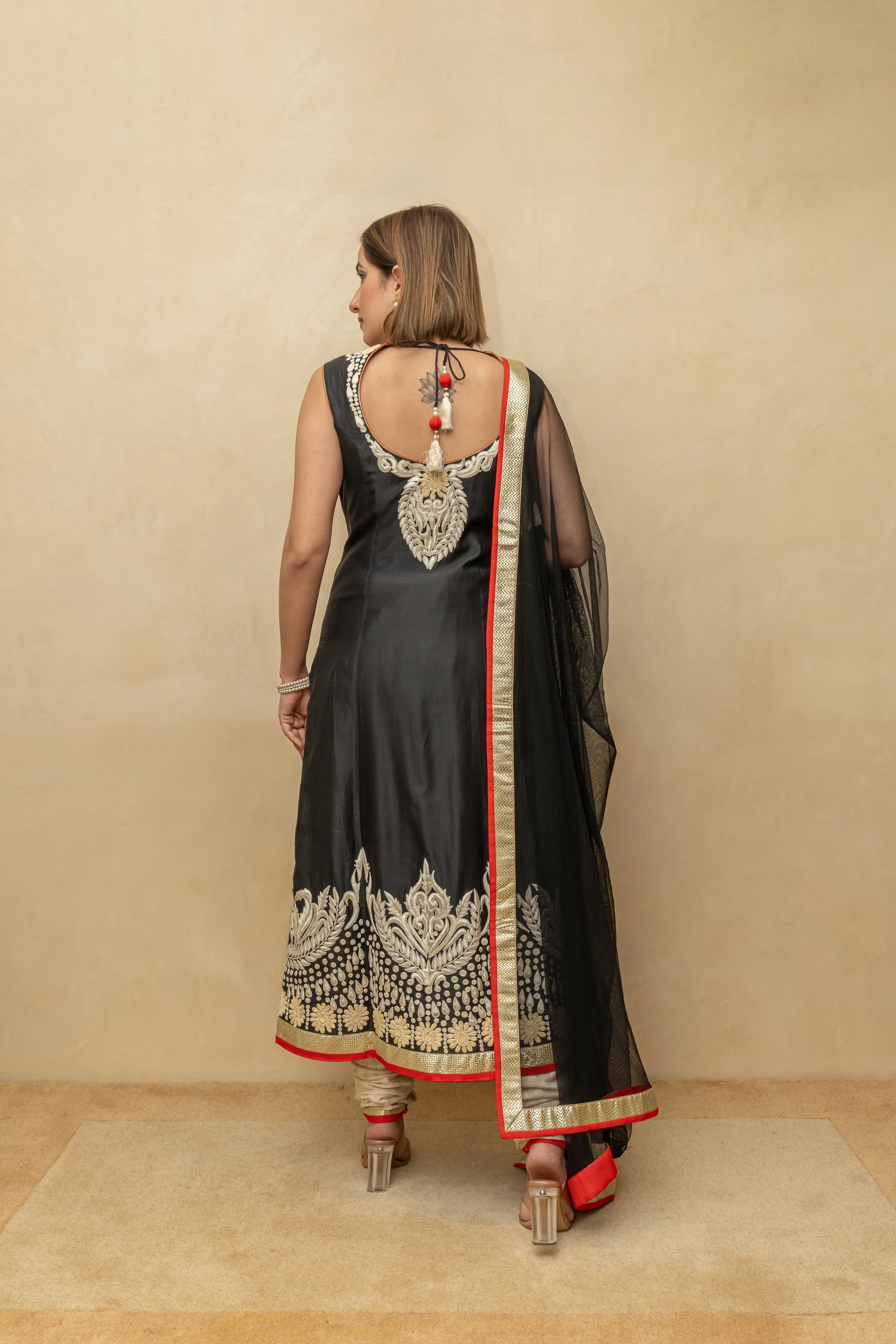 Black pakistani long chanderi silk suit set
