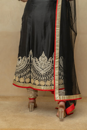 Black pakistani long chanderi silk suit set