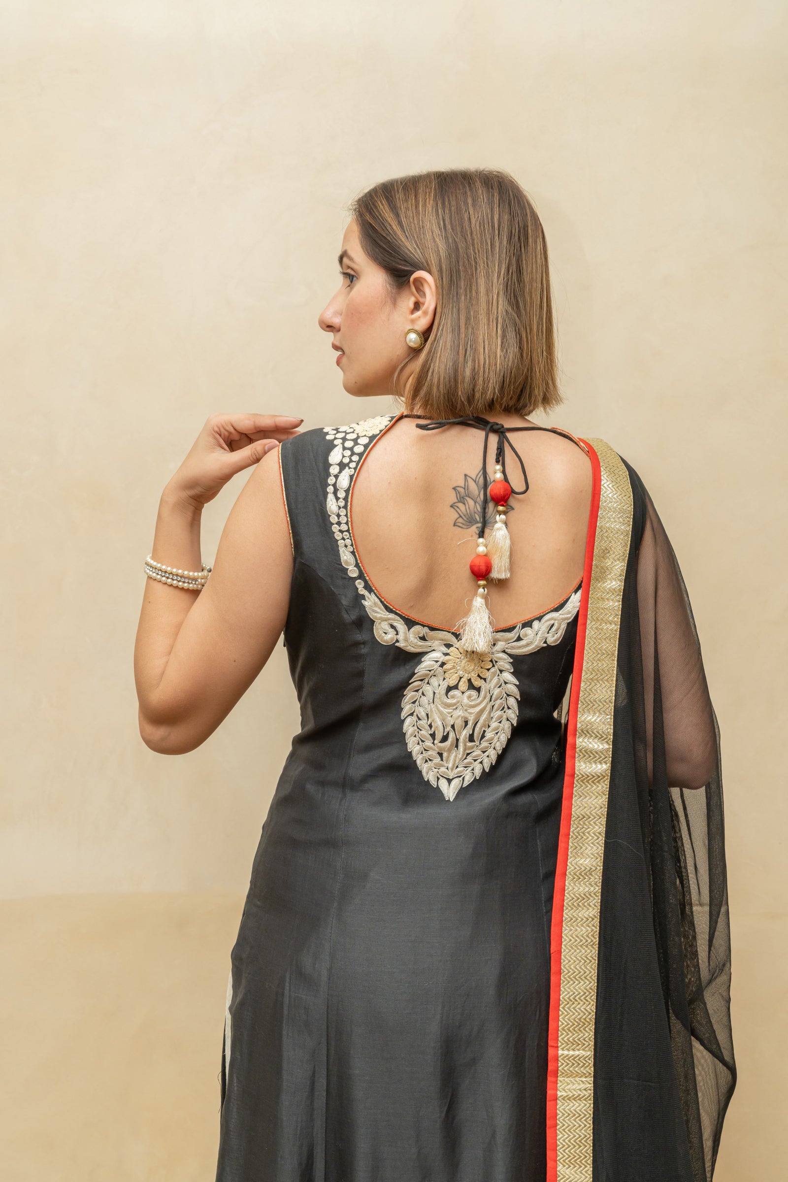 Black pakistani long chanderi silk suit set