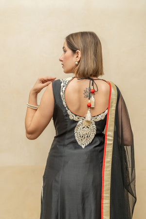 Black pakistani long chanderi silk suit set