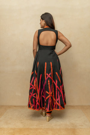 Black applique work chanderi silk gown