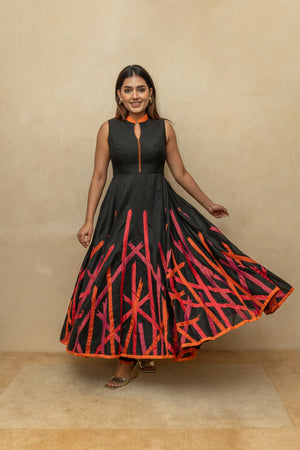 Black applique work chanderi silk gown