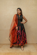 Black applique work chanderi silk gown
