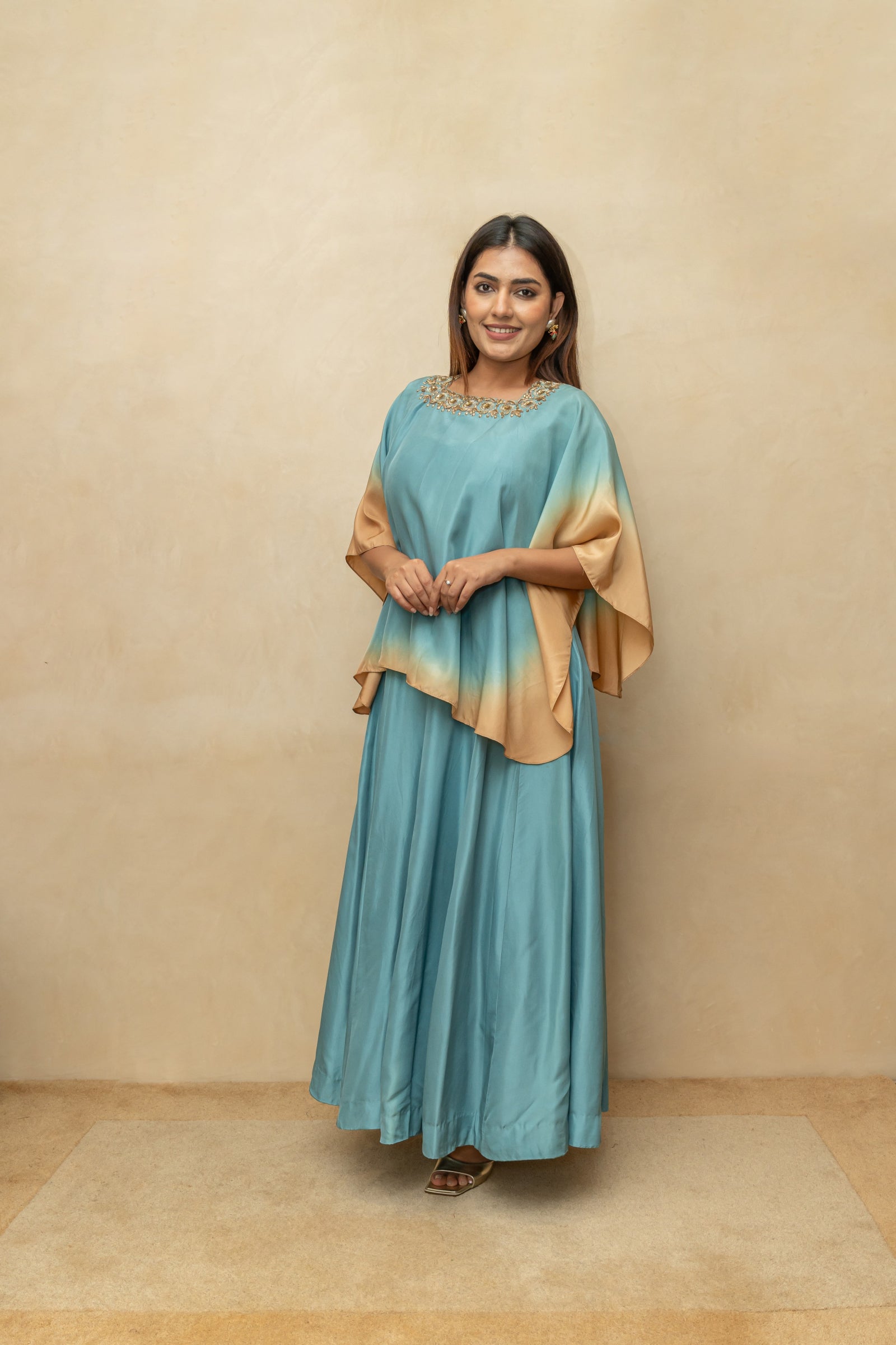 Ash blue soft silk indo western set