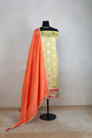 Parrot green and orange banarasi silk suit set