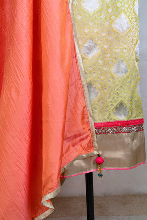 Parrot green and orange banarasi silk suit set
