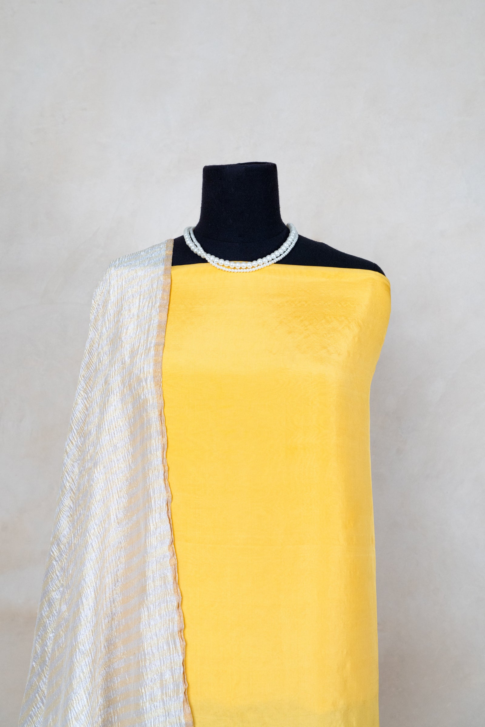 Bright yellow satin silk with chiffon crush dupatta suit set
