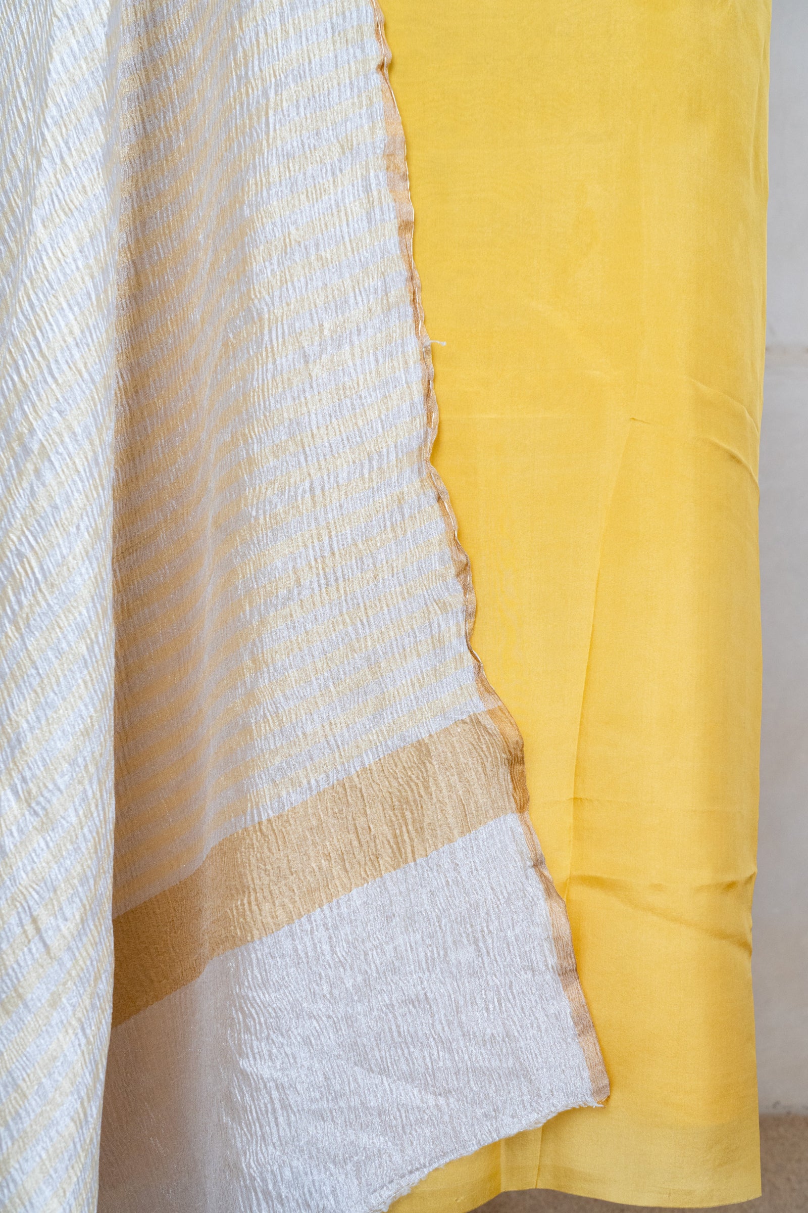 Bright yellow satin silk with chiffon crush dupatta suit set
