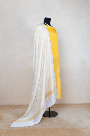 Bright yellow satin silk with chiffon crush dupatta suit set