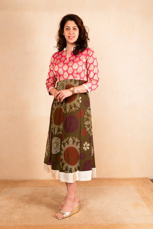 Pink brocade and olive print kalidar kurta