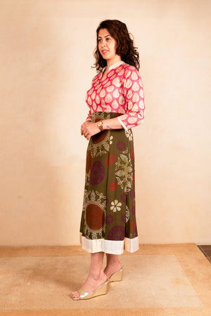 Pink brocade and olive print kalidar kurta