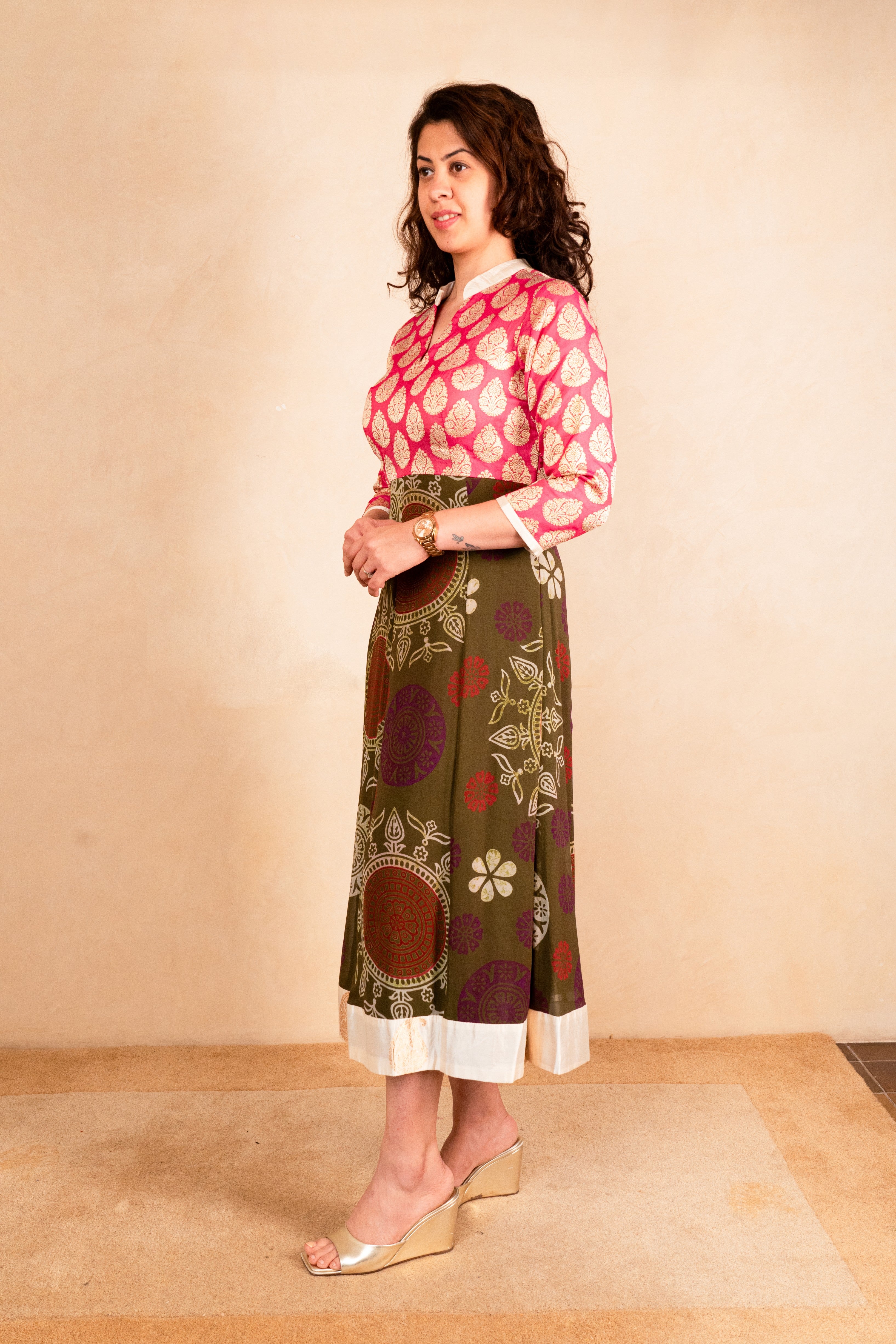 Pink brocade and olive print kalidar kurta