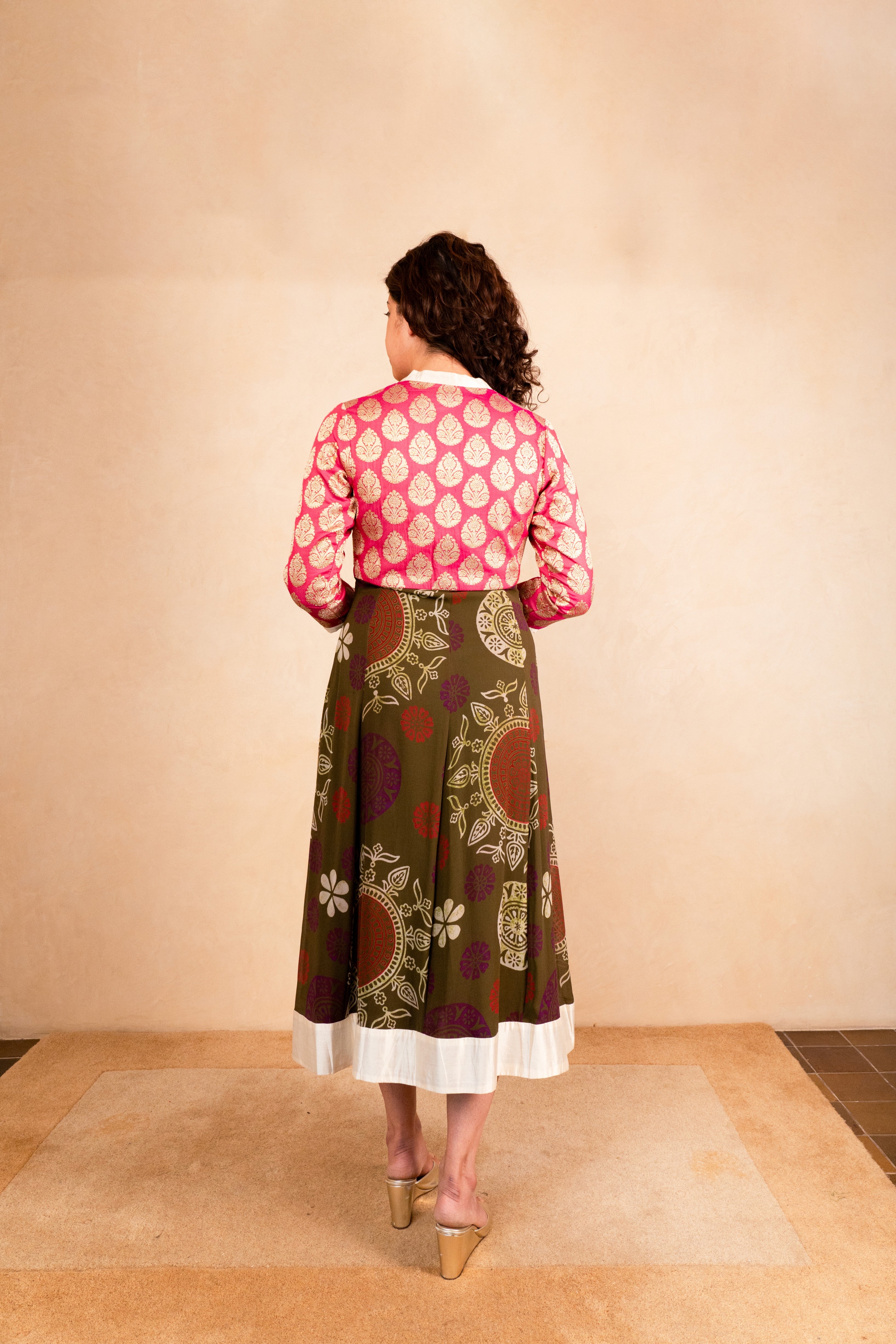 Pink brocade and olive print kalidar kurta