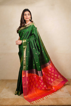Bottle green soft silk saree