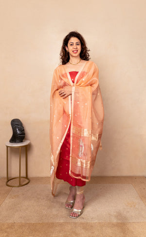 Red silk suit with peach organza dupatta