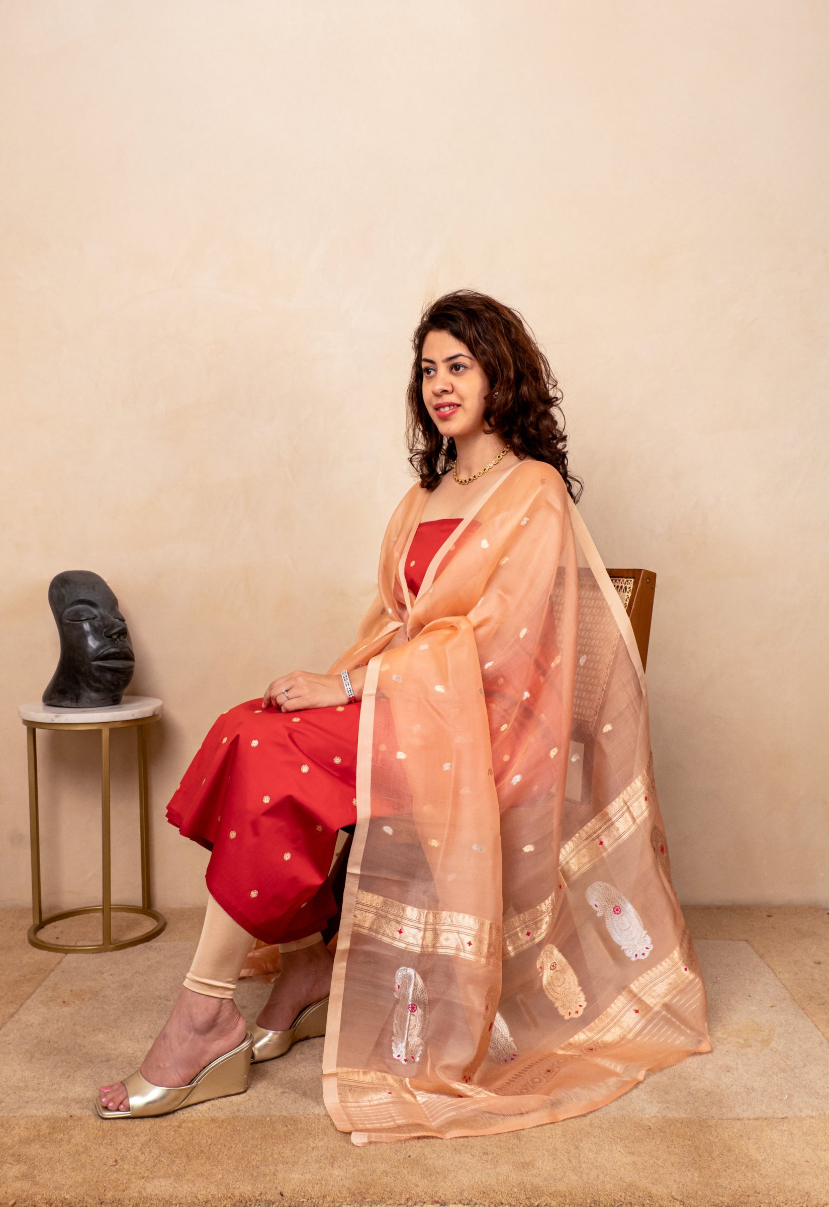 Red silk suit with peach organza dupatta