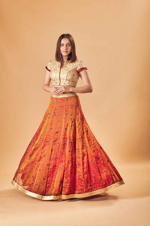 Gold Kin Khaab Indowestern blouse with Tissue silk Parsi work skirt