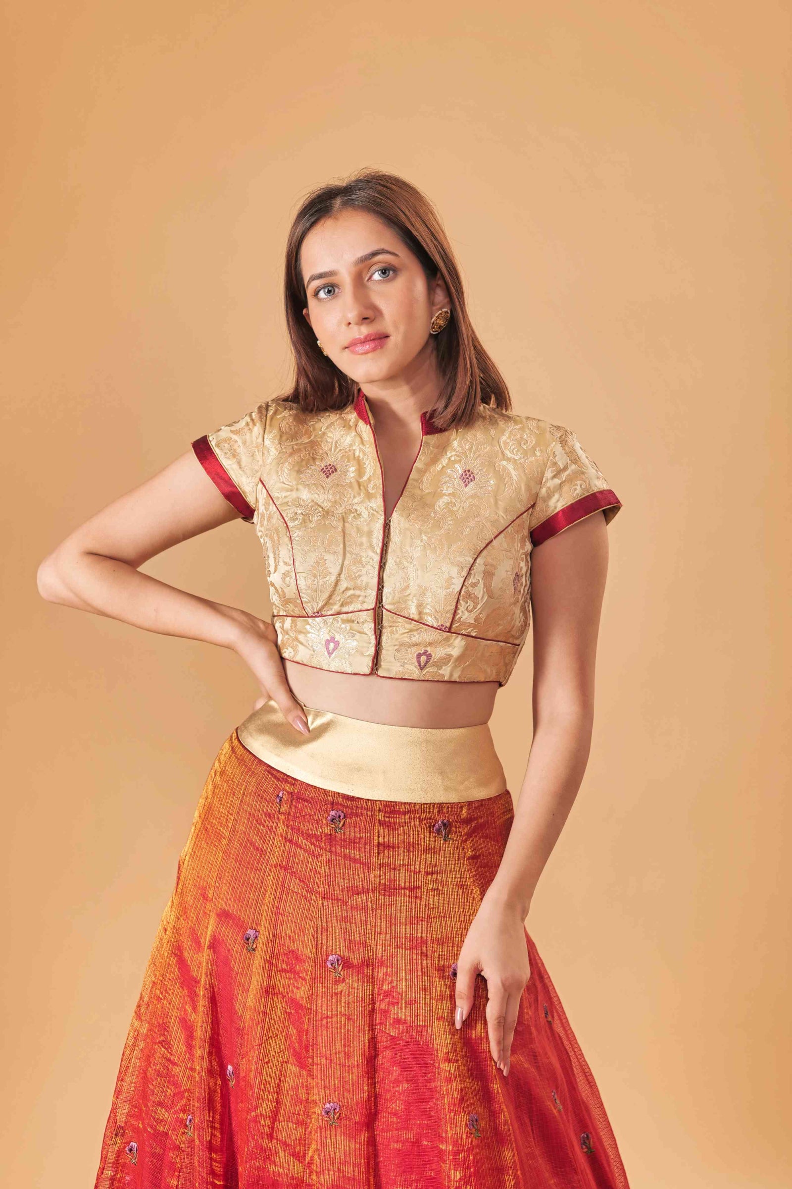 Gold Kin Khaab Indowestern blouse with Tissue silk Parsi work skirt