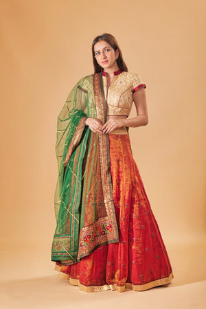 Gold Kin Khaab Indowestern blouse with Tissue silk Parsi work skirt and Soft net Gota and threadwork dupatta