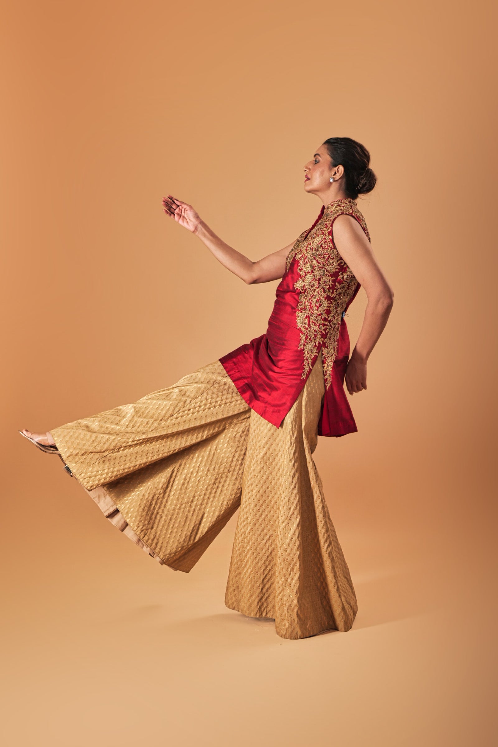 Deep Red and gold silk Shararah set