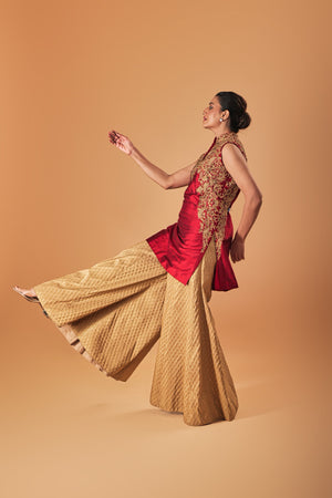 Deep Red and gold silk Shararah set