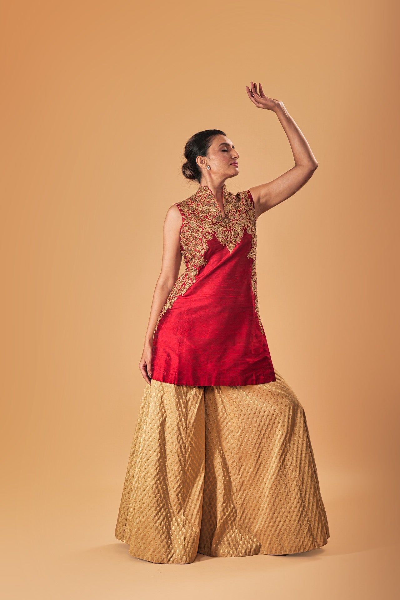 Deep Red and gold silk Shararah set