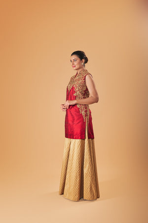 Deep Red and gold silk Shararah set