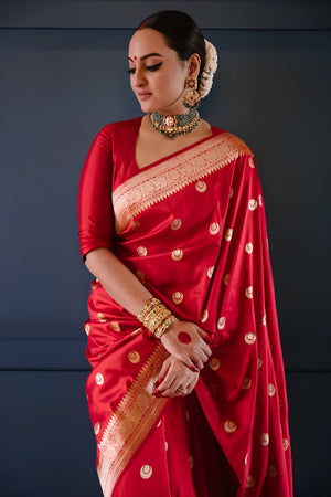 Sonakshi Sinha's Classic Bridal Red Pure Banarasi Silk Saree with Gold Zari Buttas