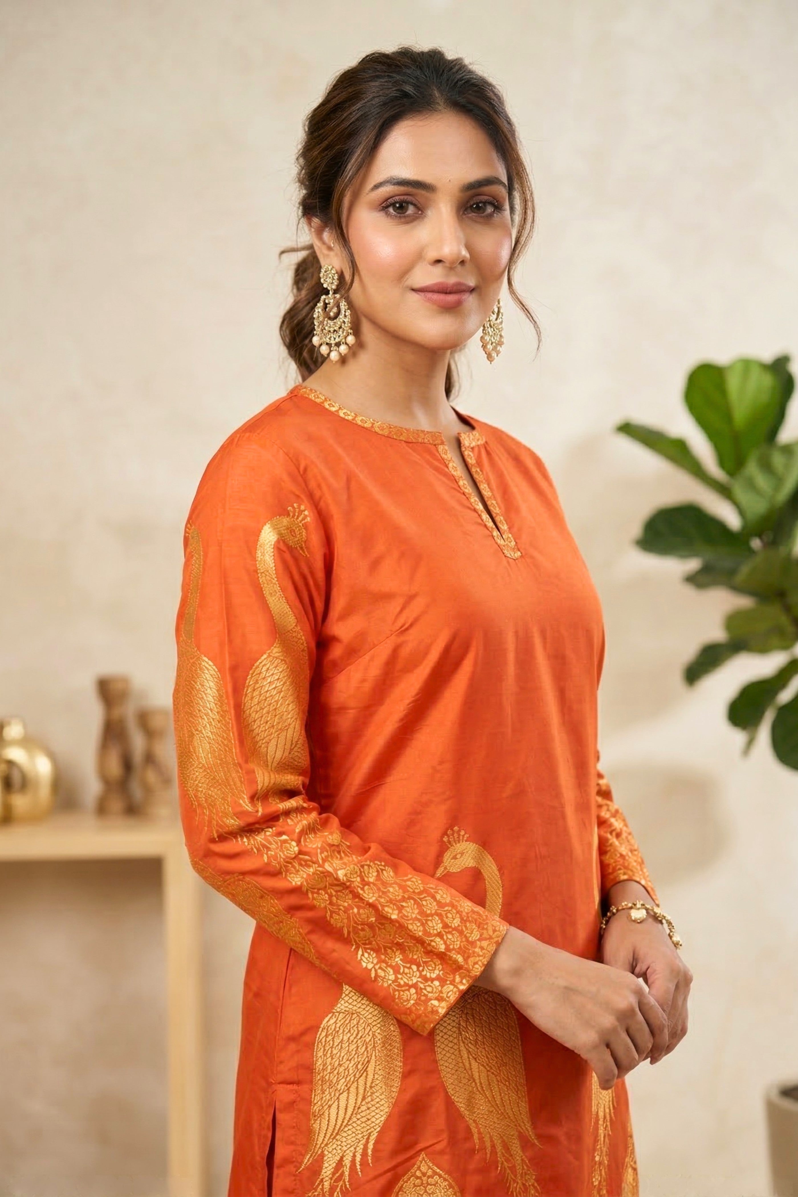Deep orange silk kurta
