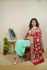 Mint green crepe silk suit material with Deep red Banarasi georgette dupatta