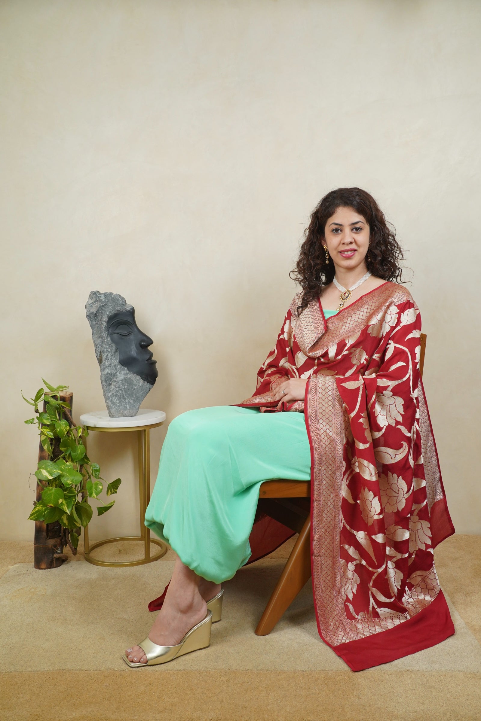 Mint green crepe silk suit material with Deep red Banarasi georgette dupatta