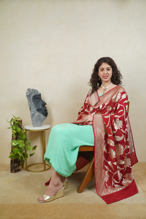 Mint green crepe silk suit material with Deep red Banarasi georgette dupatta