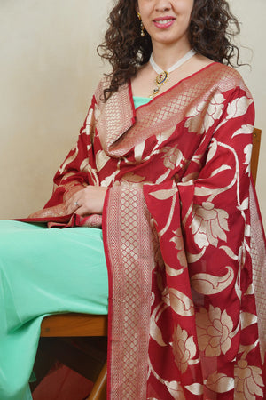Mint green crepe silk suit material with Deep red Banarasi georgette dupatta