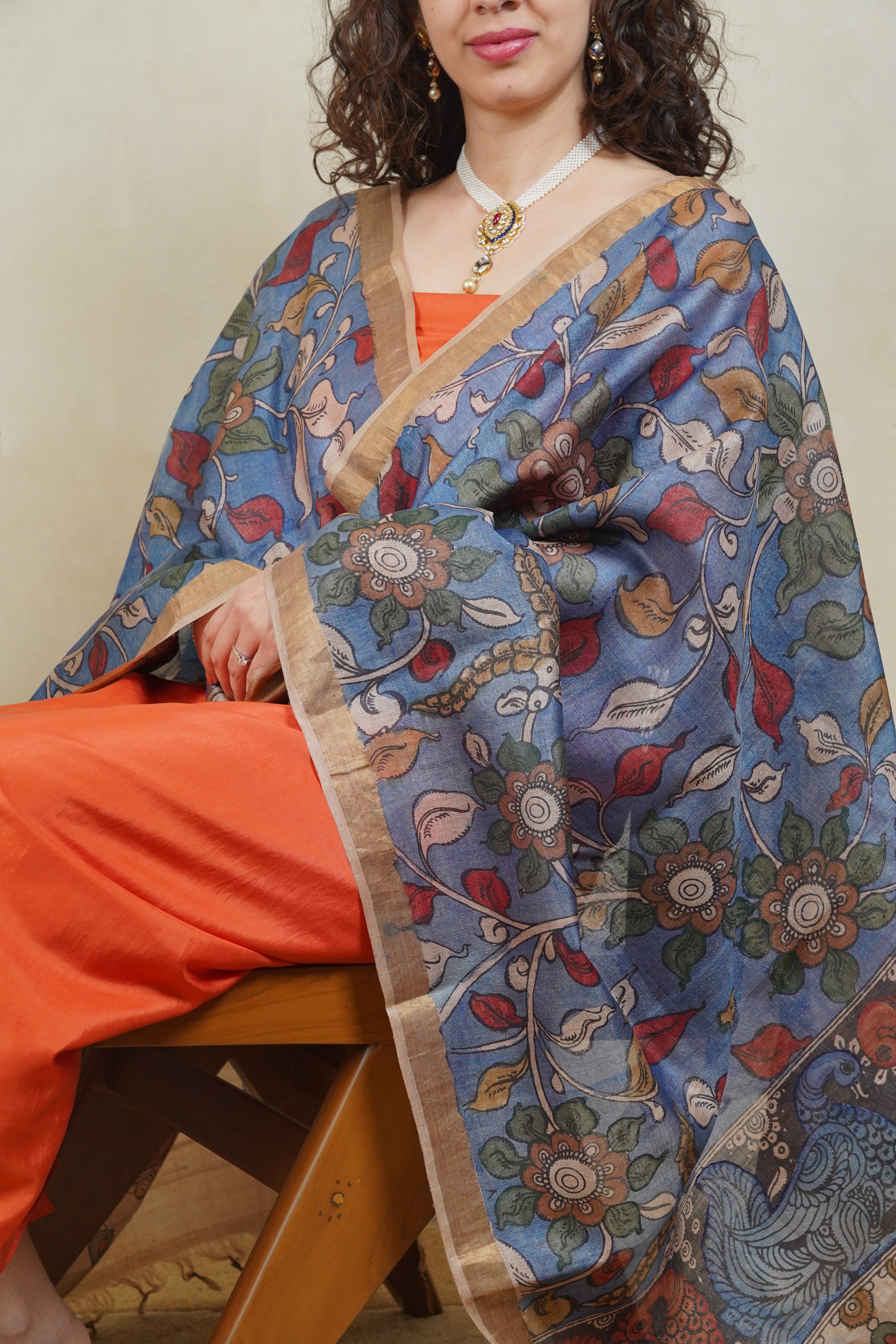 Rust orange and ink blue kalamkari dupatta suit set