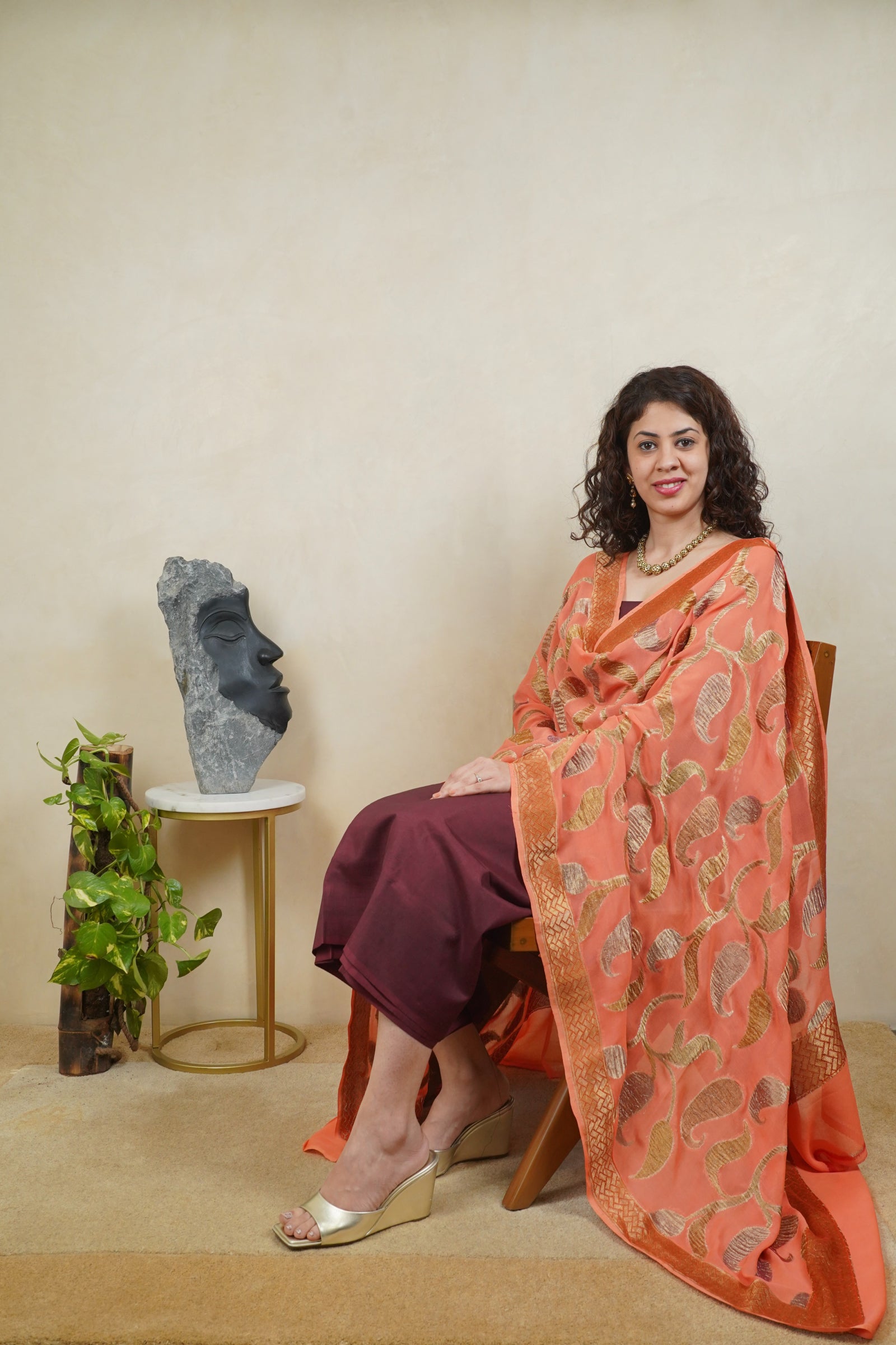 Burgundy maroon silk suit material with Peachish orange Banarasi chiffon dupatta
