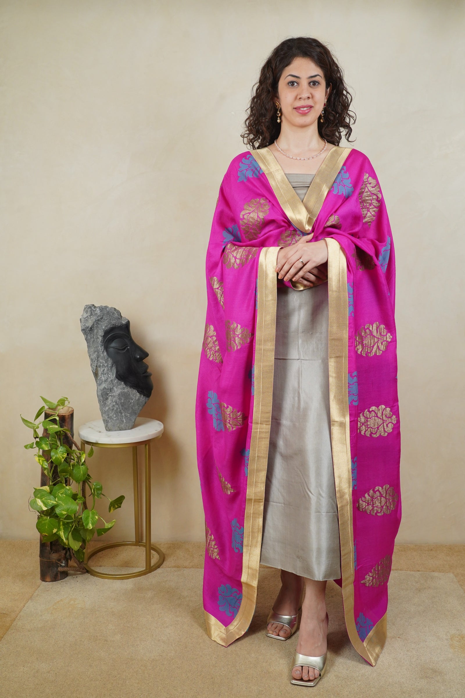 Grey silk suit material with Majenta Banarasi resham Moonga silk dupatta