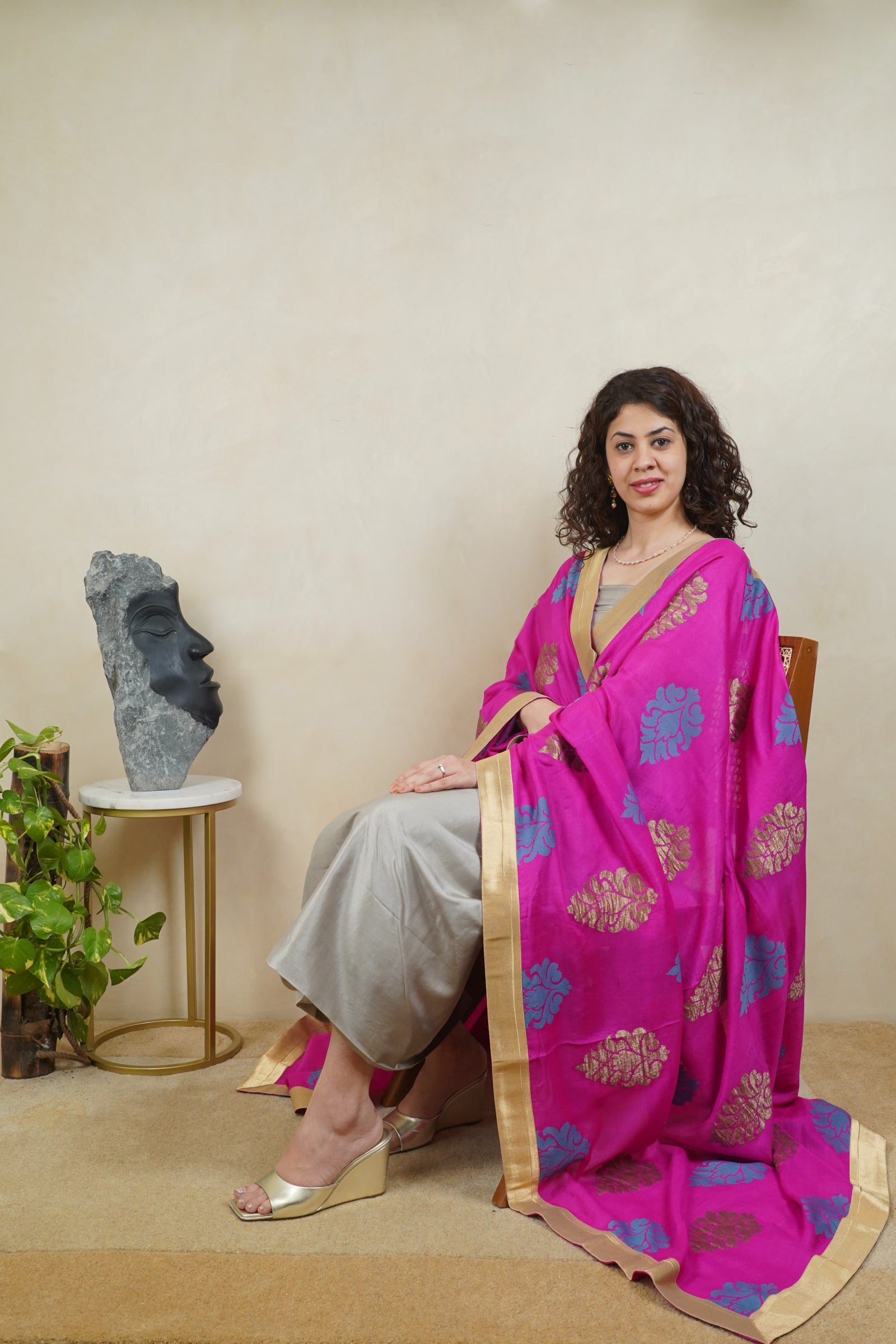 Grey silk suit material with Majenta Banarasi resham Moonga silk dupatta